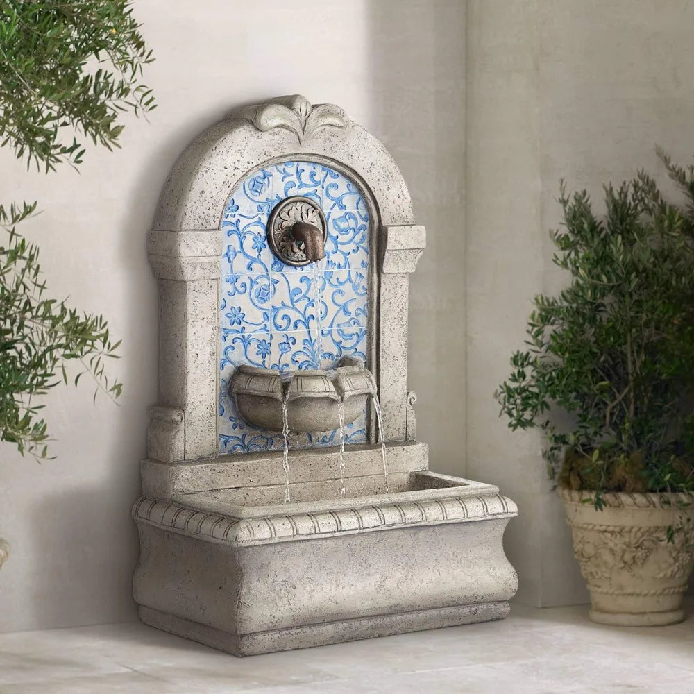 Modern Outdoor Stone Water Fountain with Classic Blue Mosaic