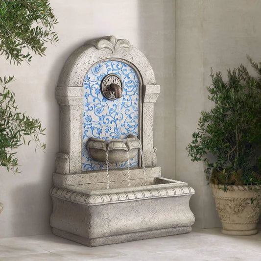 Modern Outdoor Stone Water Fountain with Classic Blue Mosaic