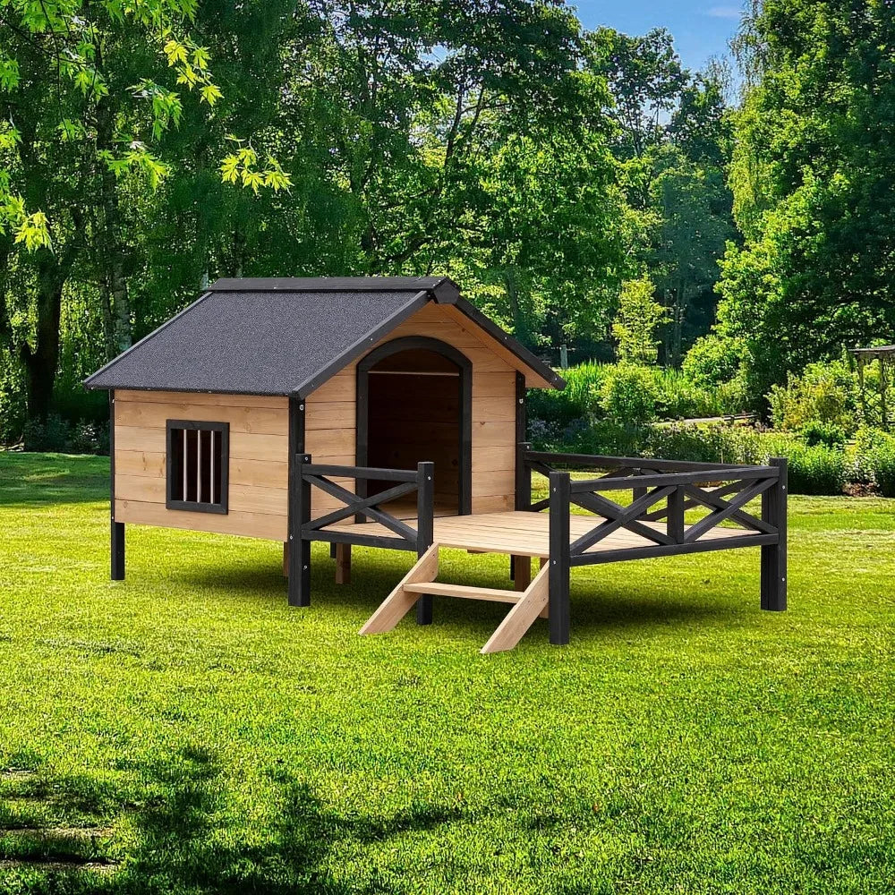 Outdoor Wooden Dog Kennel with Porch and Window Cabin Style