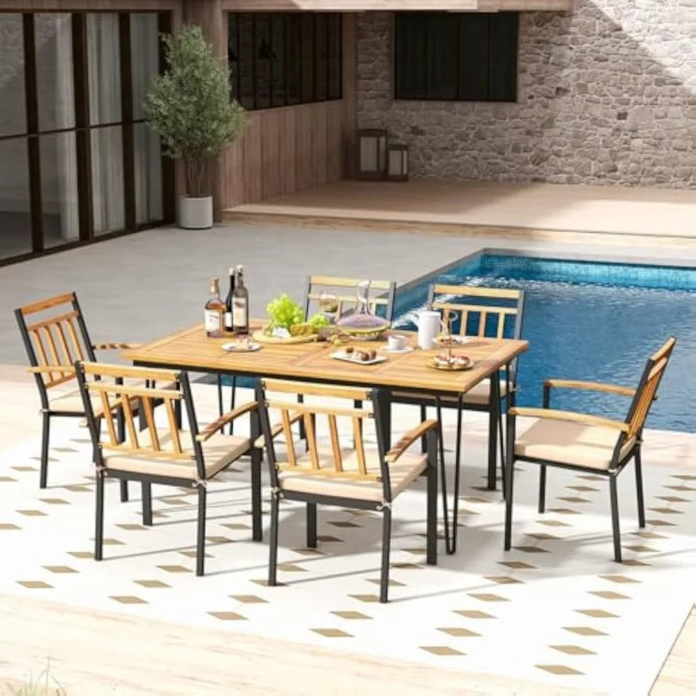 Modern Acacia Wood Patio Dining Set with Cushions and Umbrella Hole