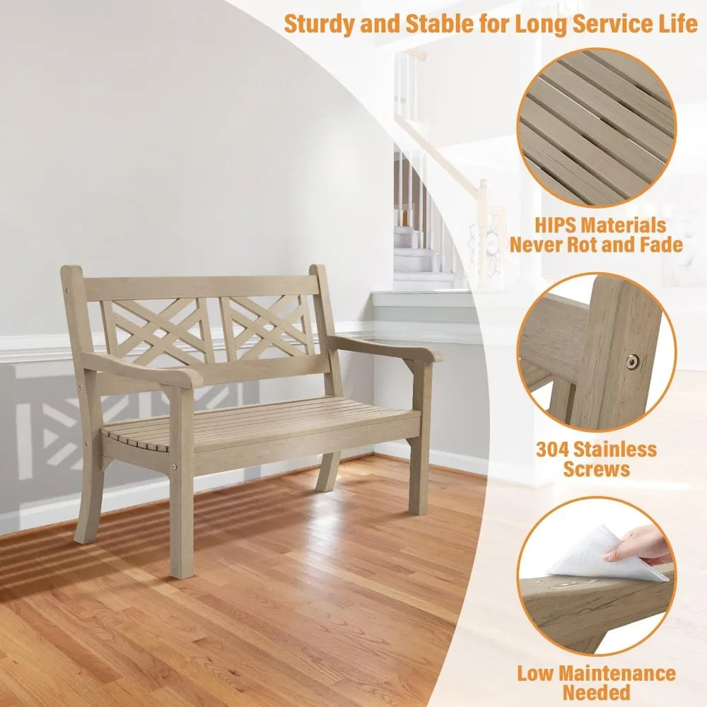 All-Weather Outdoor Bench with Decorative Backrest and Armrests