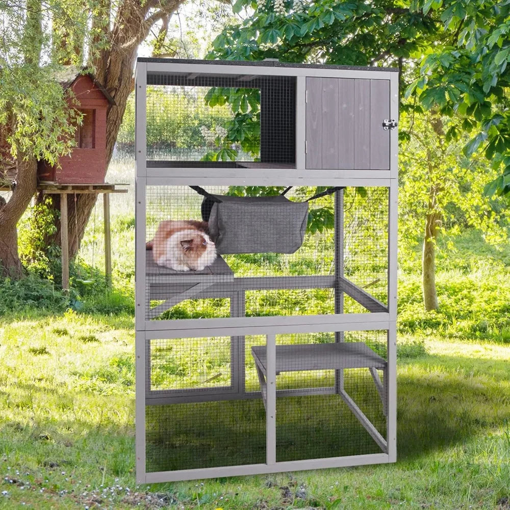 X-ZONE Pet Catio Wooden Cat House with Hammock and Resting Box