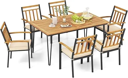 Modern Acacia Wood Patio Dining Set with Cushions and Umbrella Hole