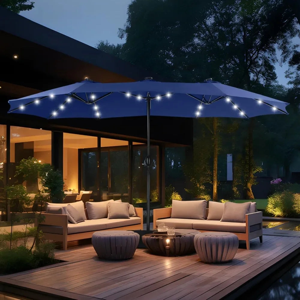 Double Sided Patio Umbrella with Solar Lights and Crank Handle