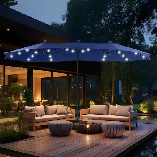 Double Sided Patio Umbrella with Solar Lights and Crank Handle