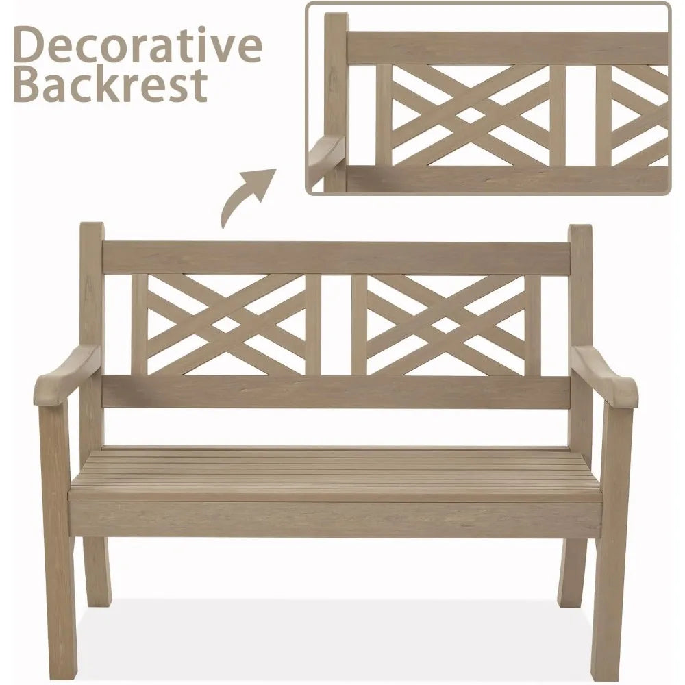 All-Weather Outdoor Bench with Decorative Backrest and Armrests