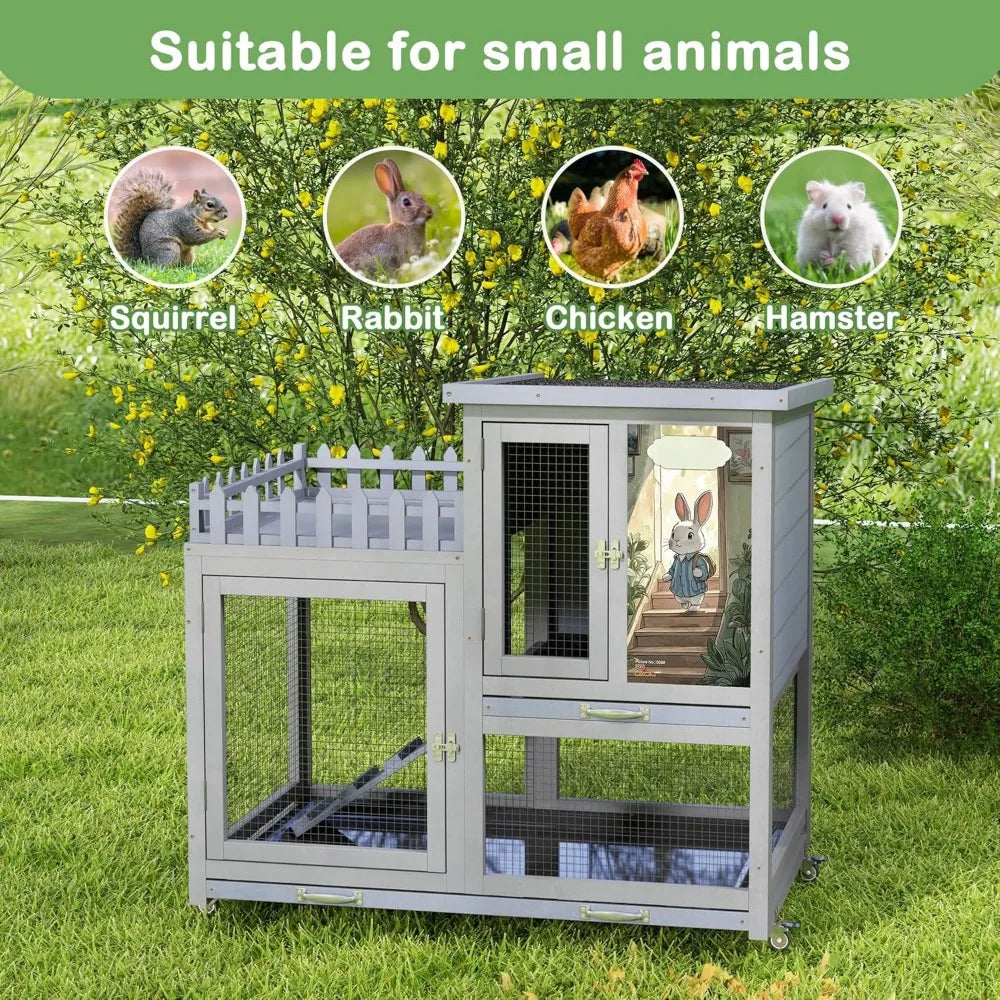 Durable Double Layer Rabbit Hutch with Wheels for Indoor Use