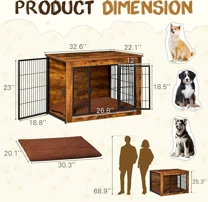 Dog Crate Furniture with Thick Cushion and Double Doors