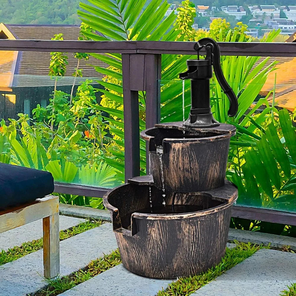 Outdoor Tiered Barrel Water Fountain for Garden Decor