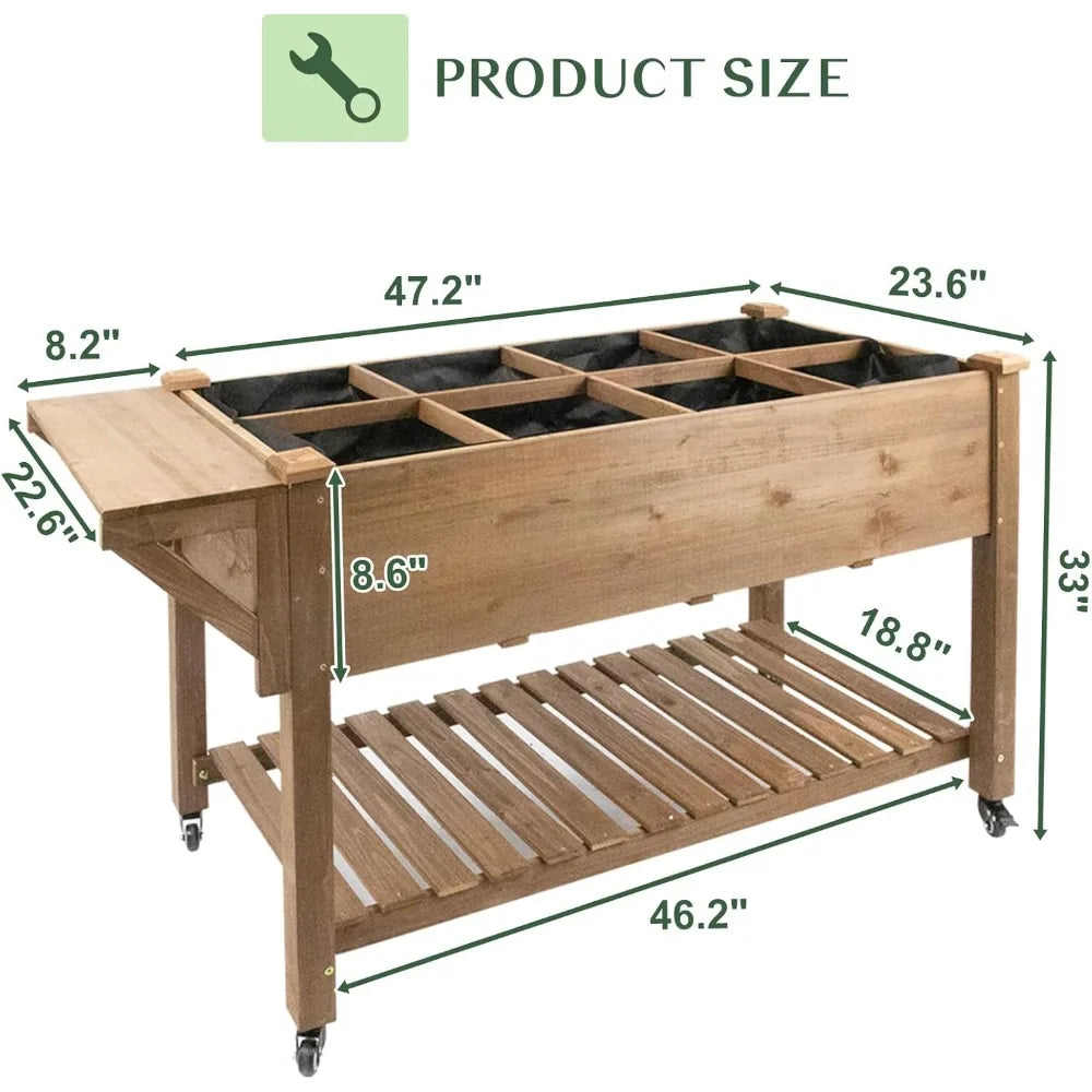 Elevated Wooden Planter Box with Lockable Wheels for Gardens