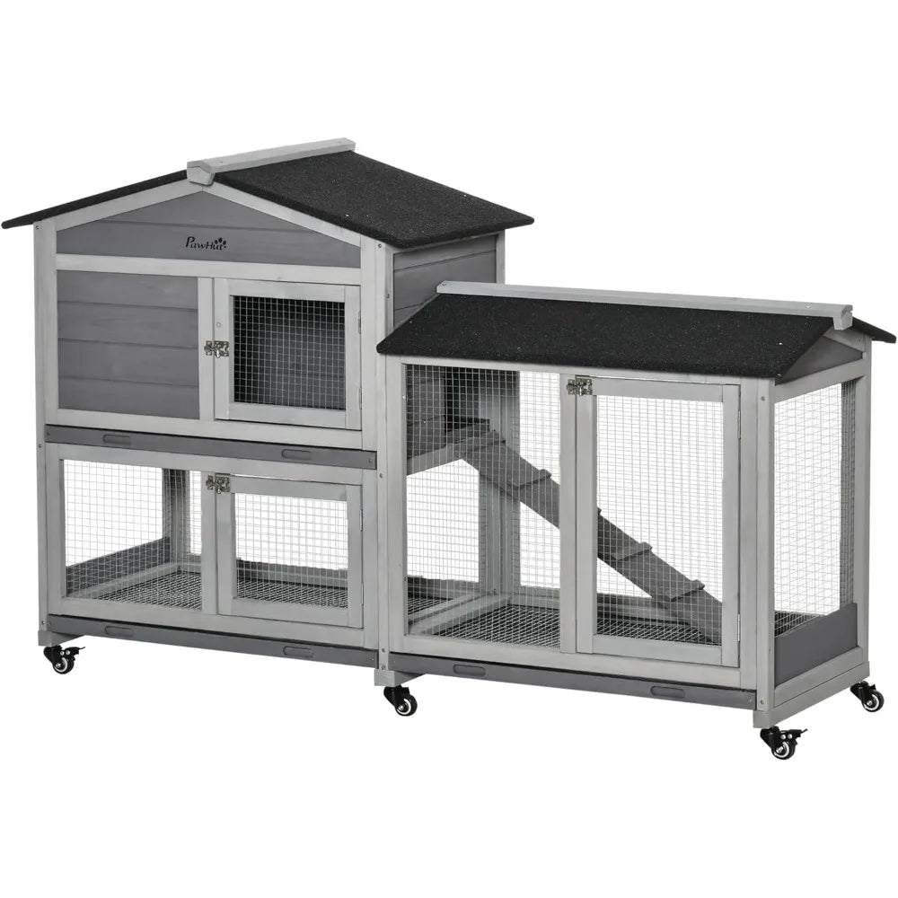 Wooden Rabbit Hutch with Wheels and Removable Tray for Small Animals