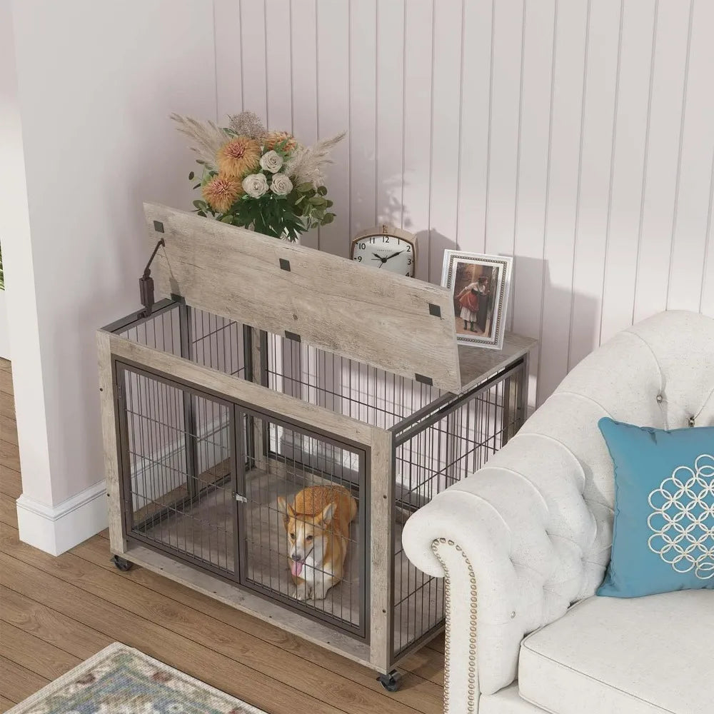 Elegant Wooden Dog Crate Furniture with Top Opening and Wheels