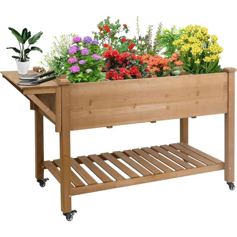 Elevated Wooden Planter Box with Lockable Wheels for Gardens
