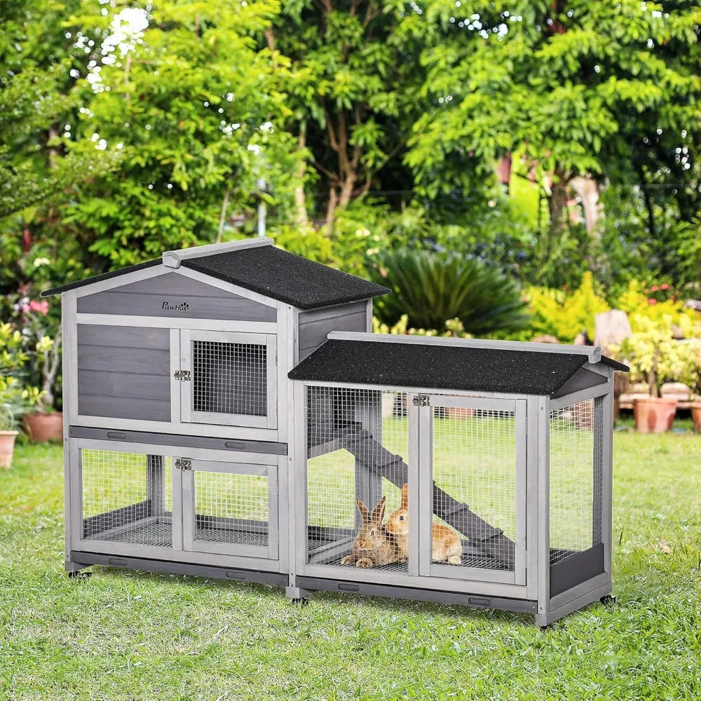 Wooden Rabbit Hutch with Wheels and Removable Tray for Small Animals
