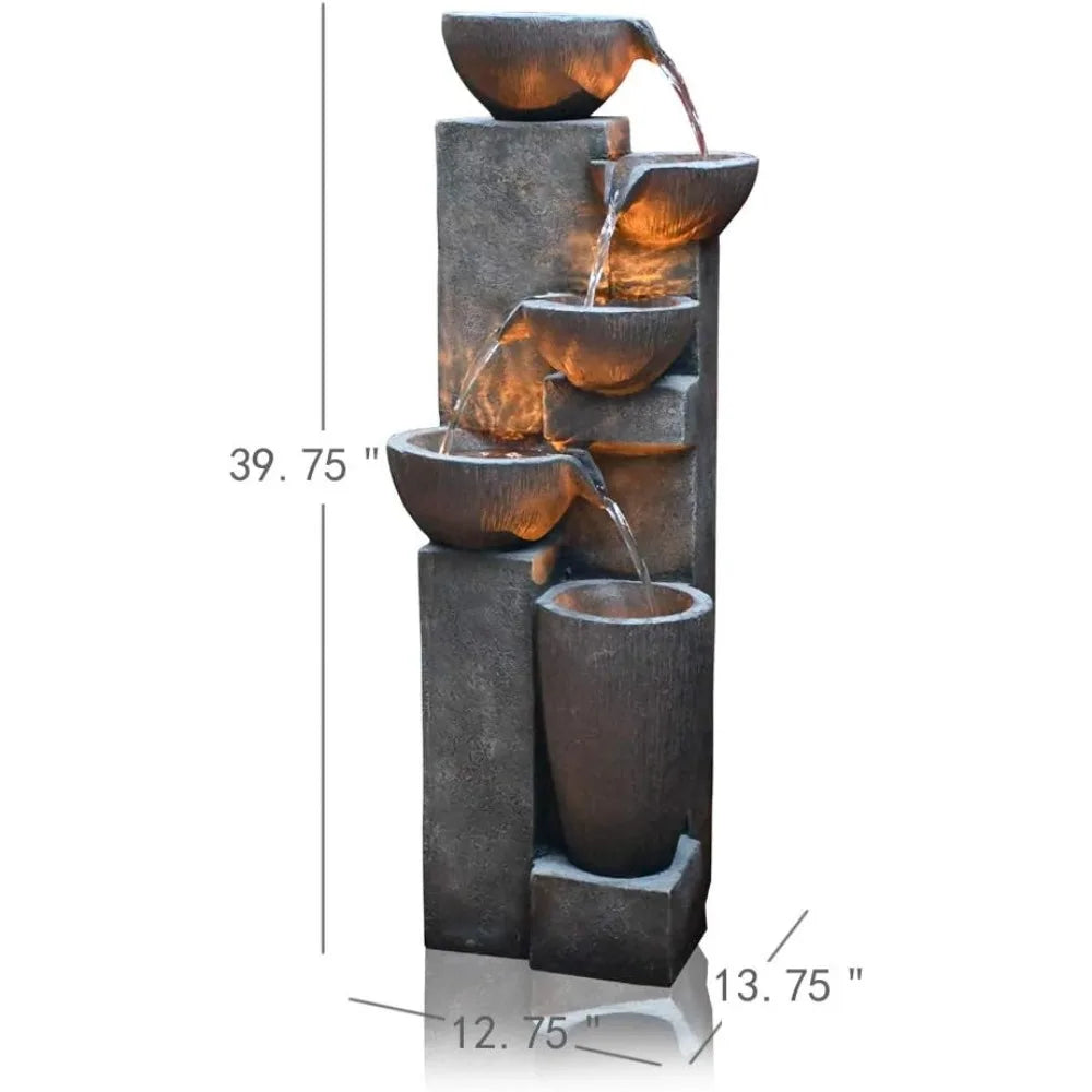 Outdoor Resin Water Fountain with LED Lighting for Garden Decor