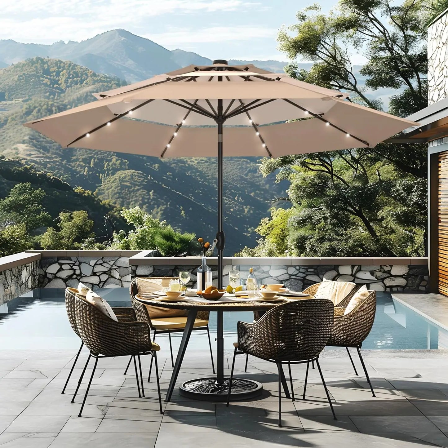 Three-Tier Ventilated Patio Umbrella with Adjustable Tilt and Lights