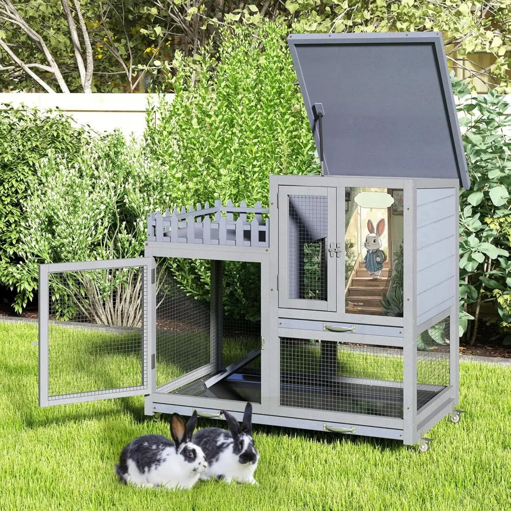 Durable Double Layer Rabbit Hutch with Wheels for Indoor Use