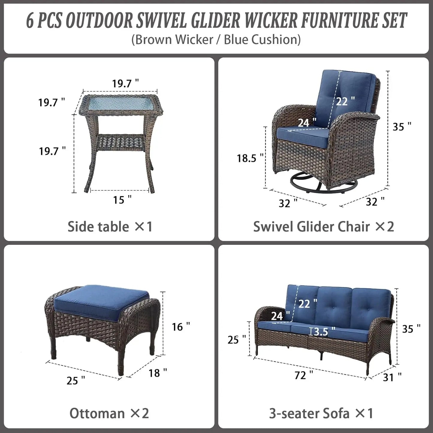 Modern Wicker Patio Conversation Set with Swivel Rocker Chairs