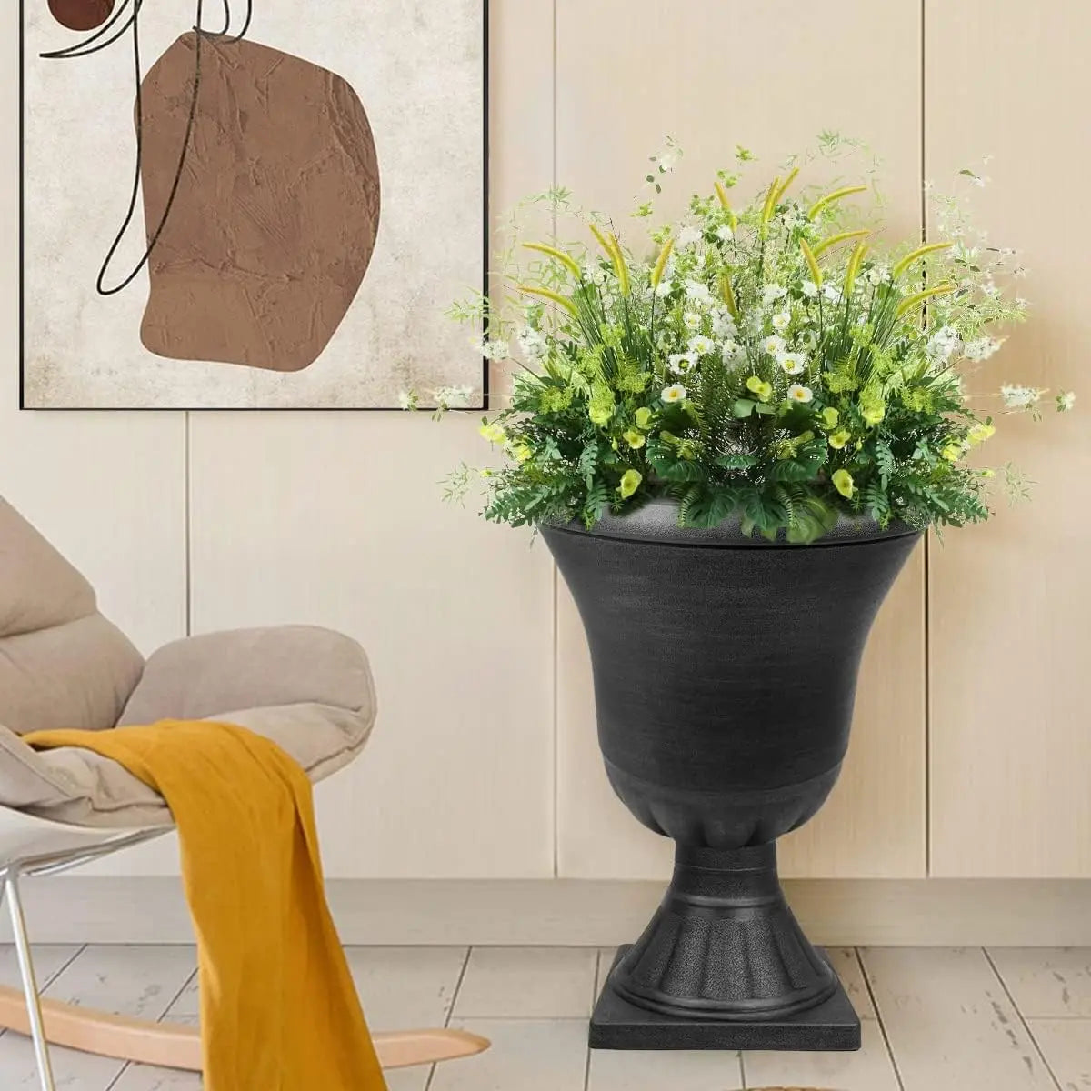 Classic Black Plastic Urn Planters for Outdoor Plants 2-Pack