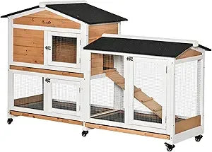 Wooden Rabbit Hutch with Wheels and Removable Tray for Small Animals