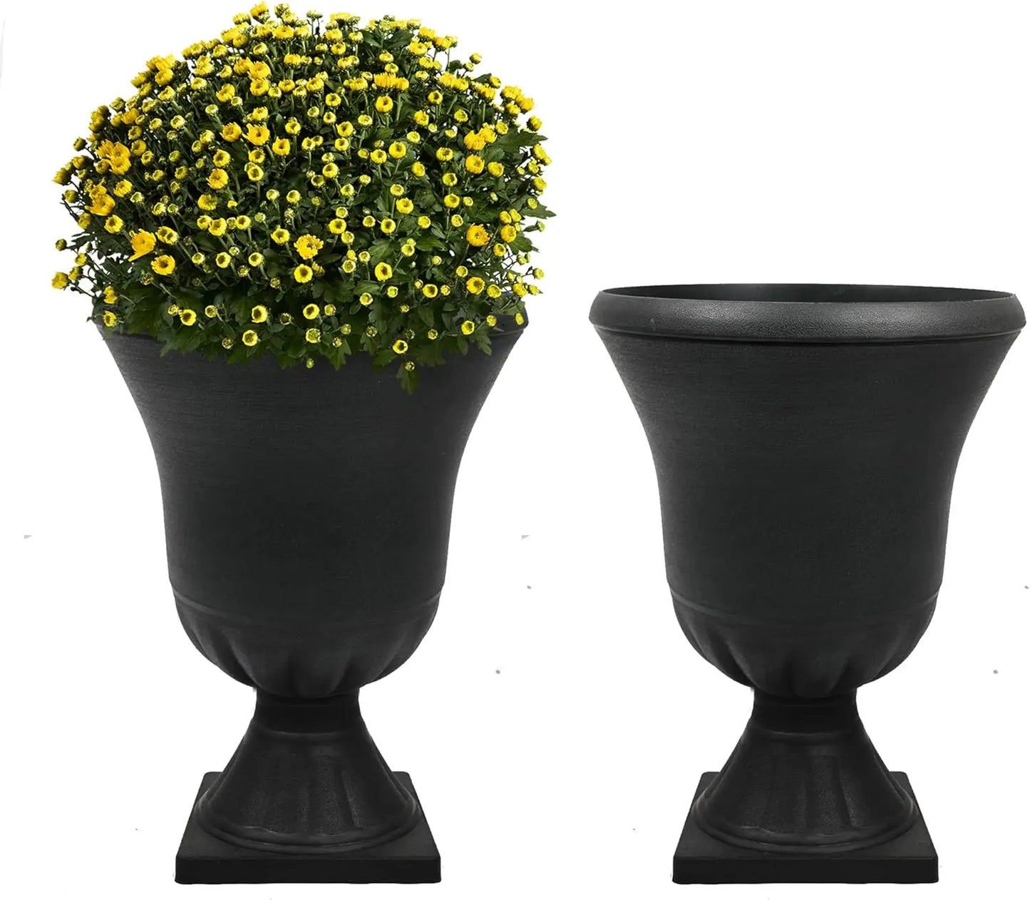 Classic Black Plastic Urn Planters for Outdoor Plants 2-Pack