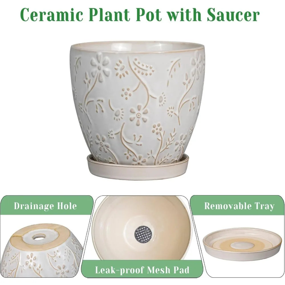 Large Round Ceramic Planter Pot with Drainage Hole and Saucer