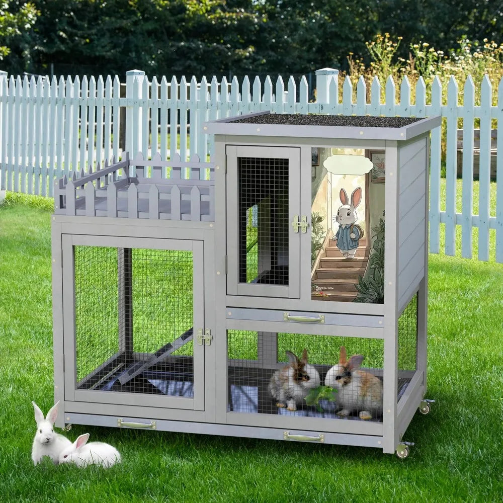 Durable Double Layer Rabbit Hutch with Wheels for Indoor Use