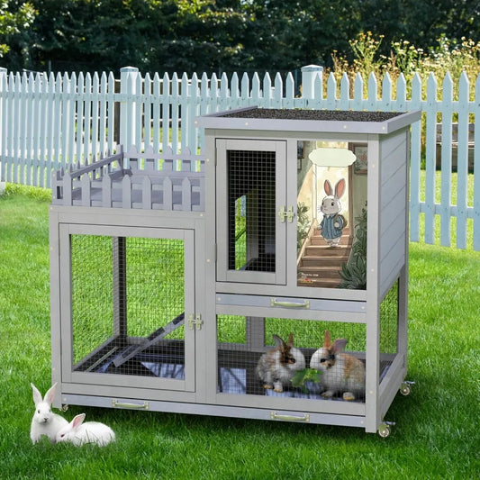 Durable Double Layer Rabbit Hutch with Wheels for Indoor Use