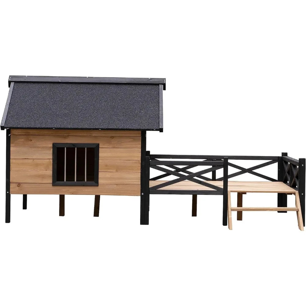 Outdoor Wooden Dog Kennel with Porch and Window Cabin Style